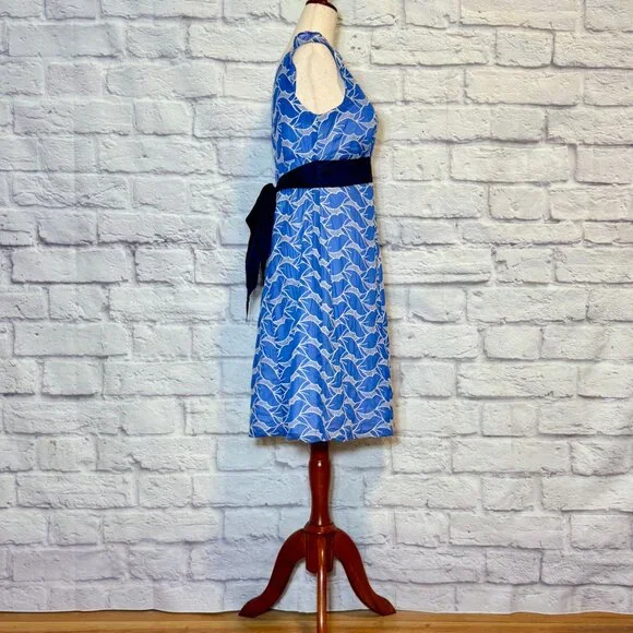 Anthropologie Lithe Blue & White Silk Blend Embroidered Fit & Flare Dress - Picture 3 of 6